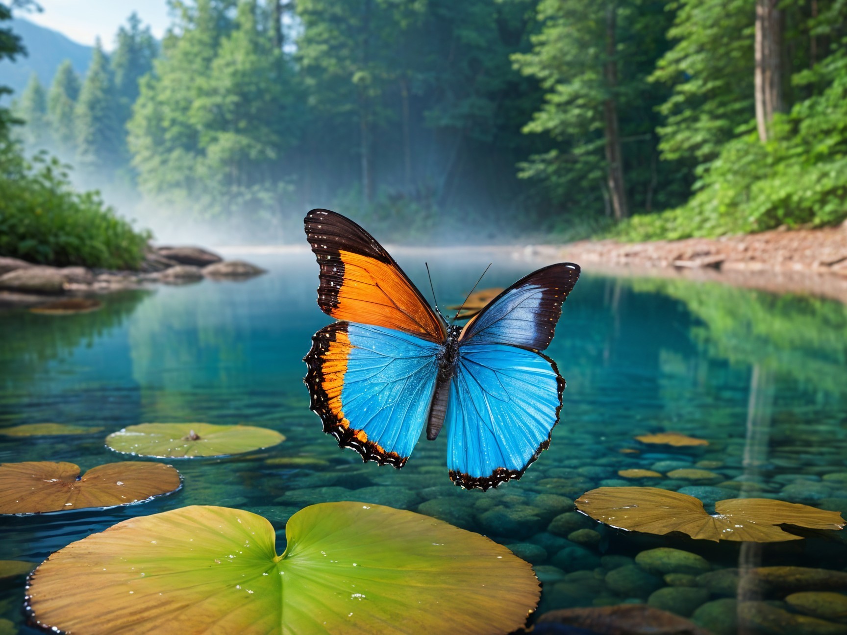 Vibrant Butterfly Above Serene Water with Lily Pads