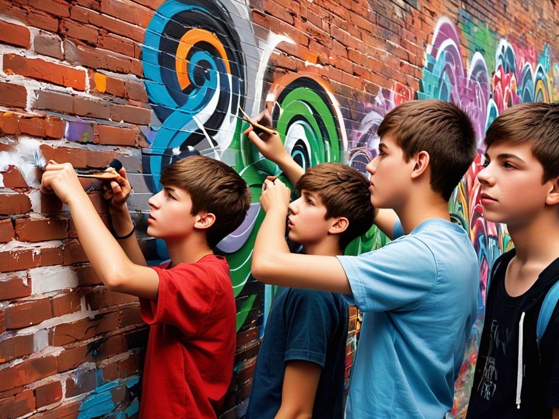 Boys Creating a Colorful Graffiti Mural on a Wall