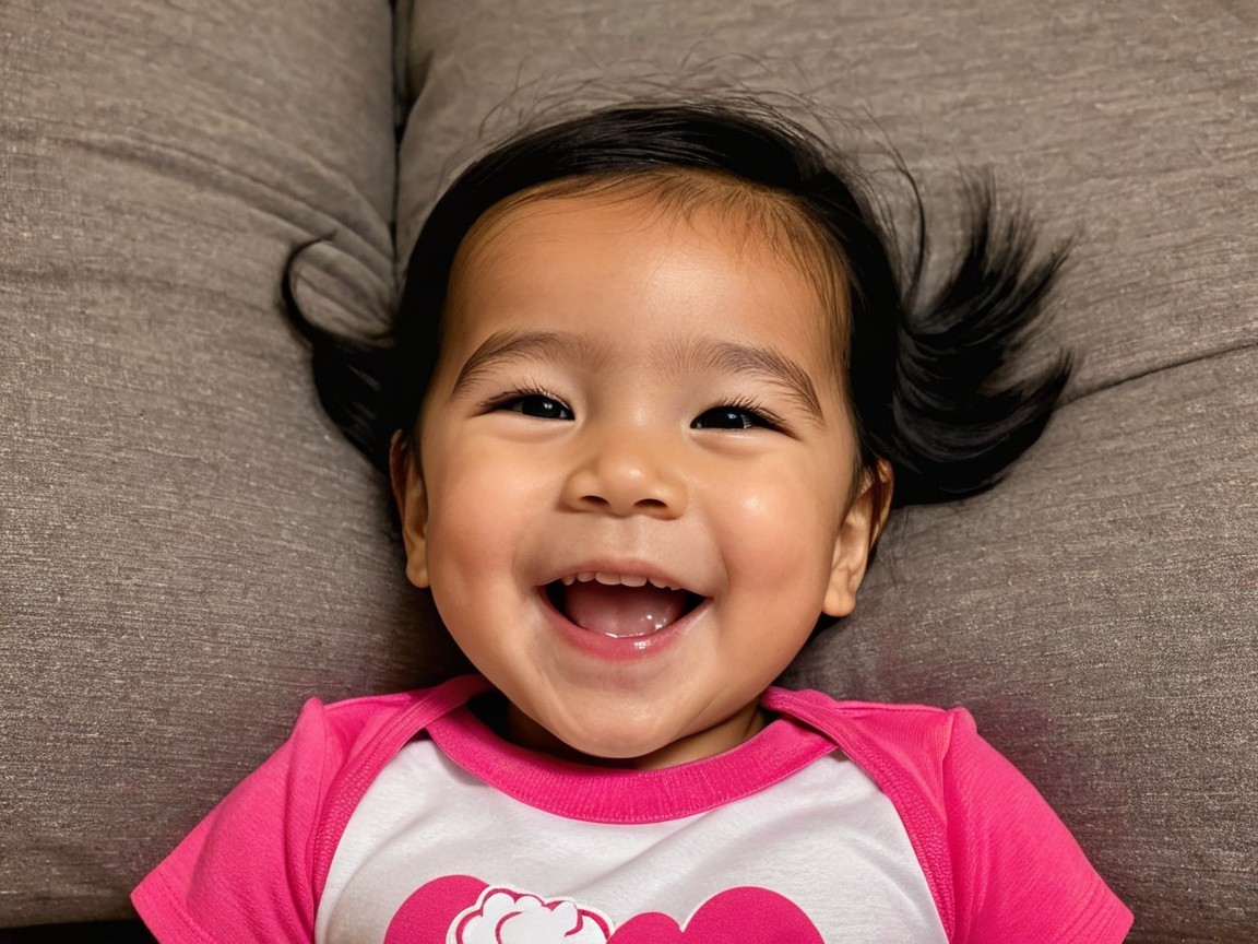 Joyful toddler smiling on soft gray cushion
