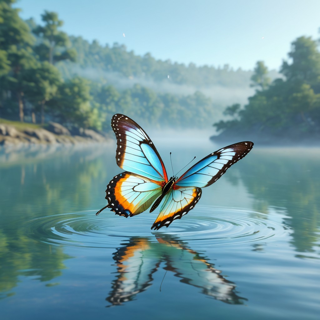 Blue Butterfly Above Tranquil Lake and Lush Greens
