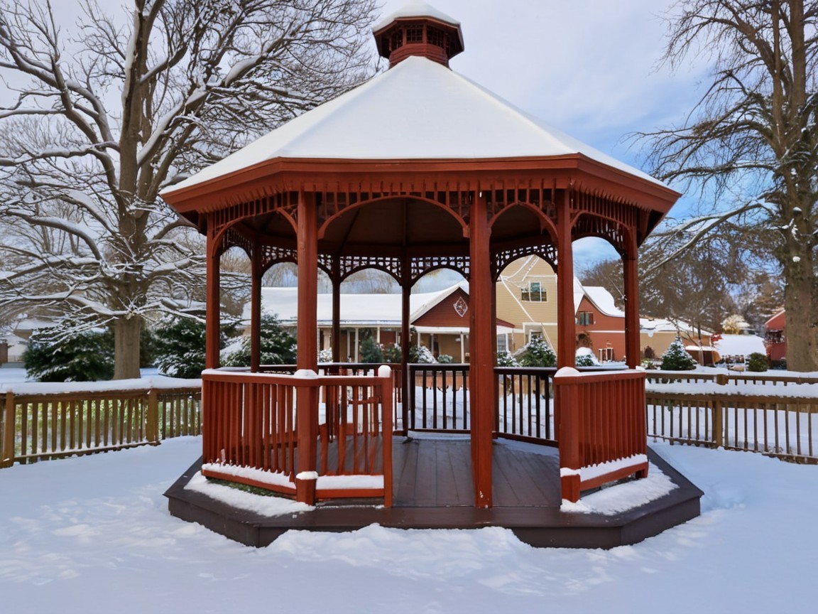 Red Gazebo in Snowy Landscape Surrounded by Trees