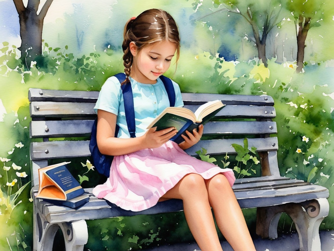 Young girl reading on a park bench in nature
