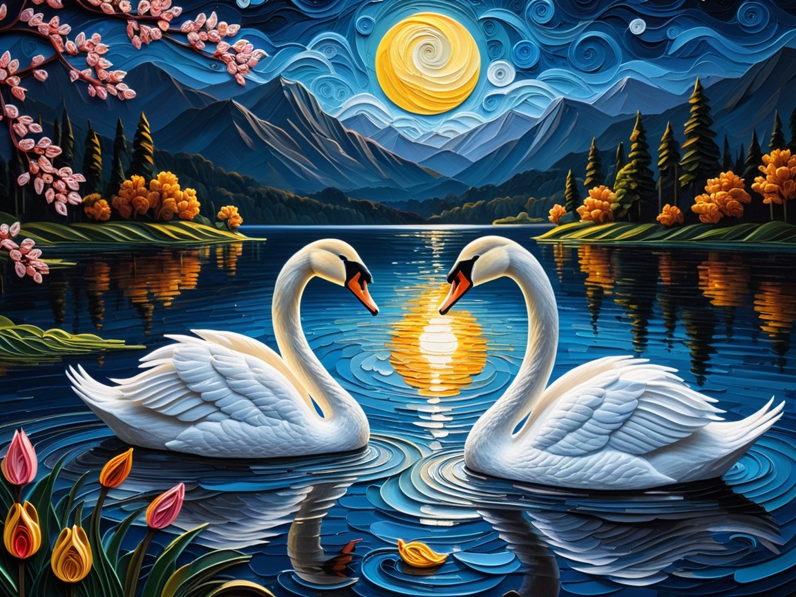 Serene Lake Scene with Swans and Majestic Mountains