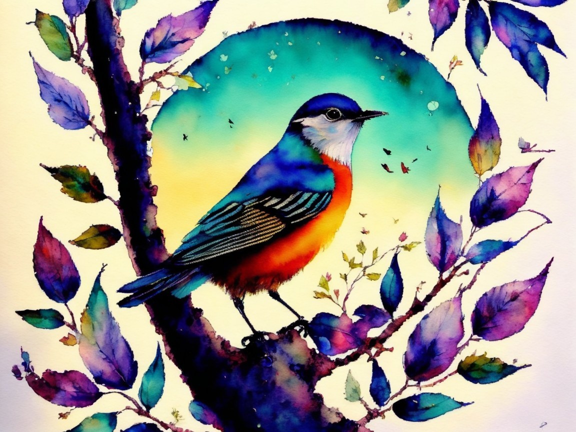 Vibrant Watercolor Painting of Colorful Bird and Nature