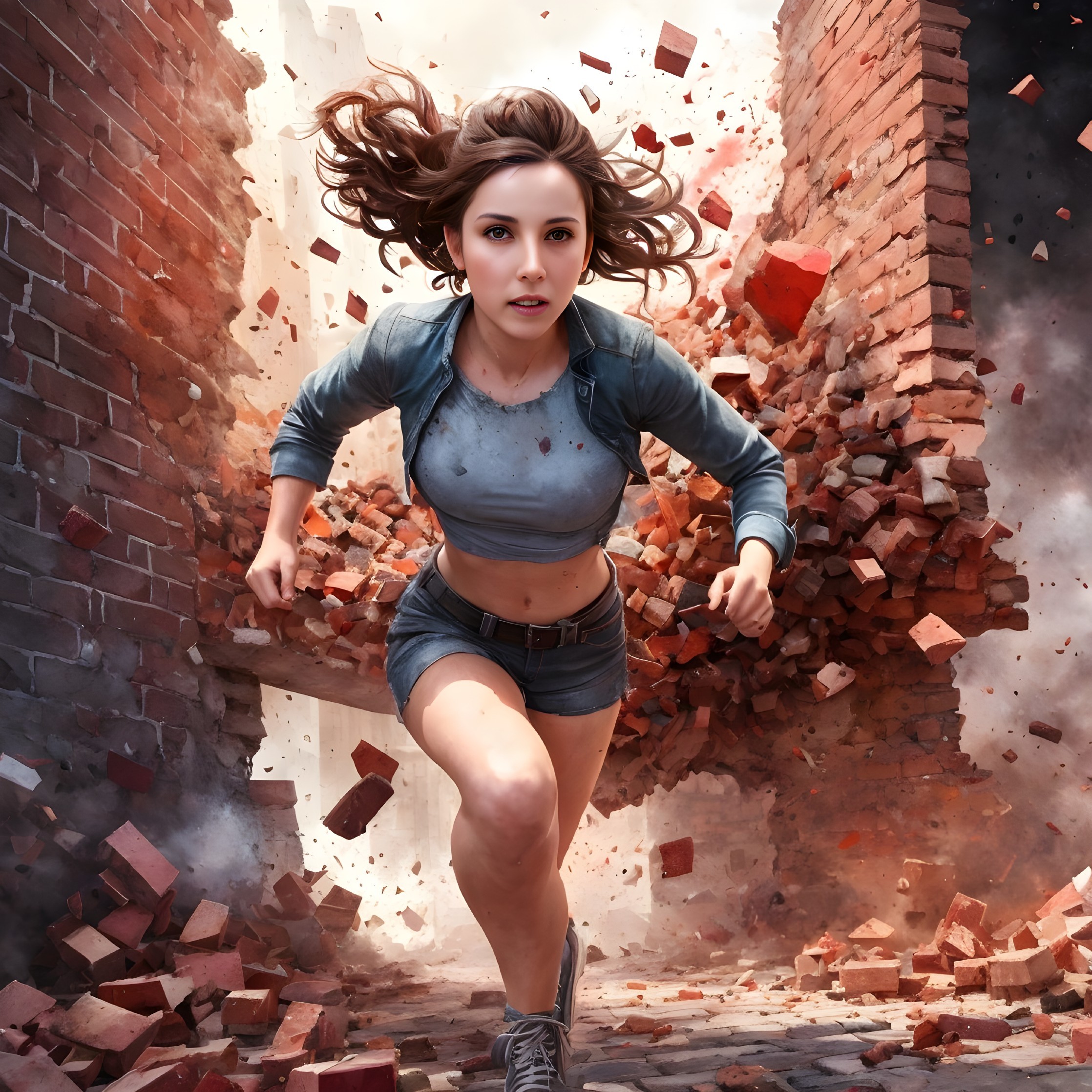 Woman sprinting from an exploding brick wall scene