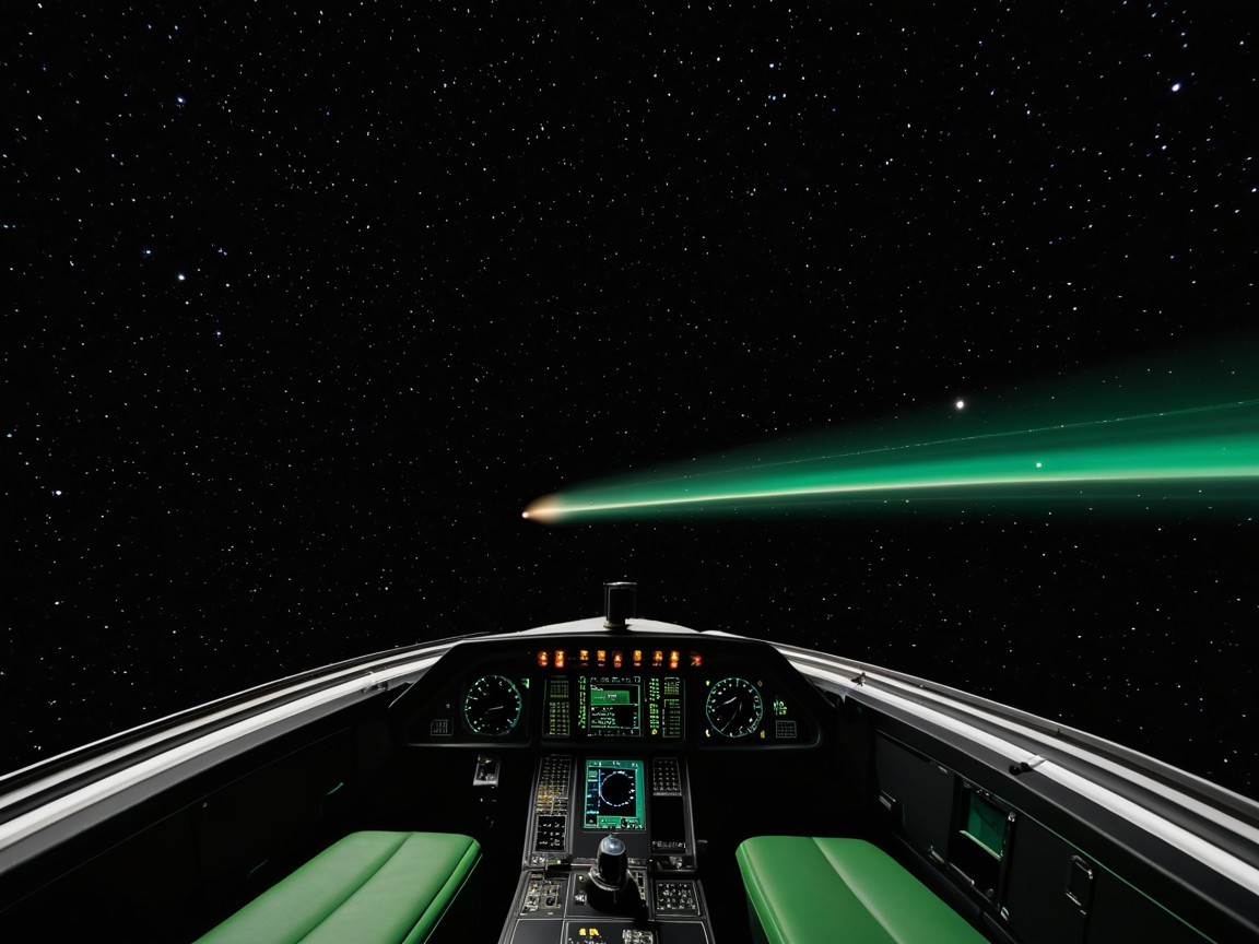 Cockpit View of Spacecraft with Green Comet and Control Panels