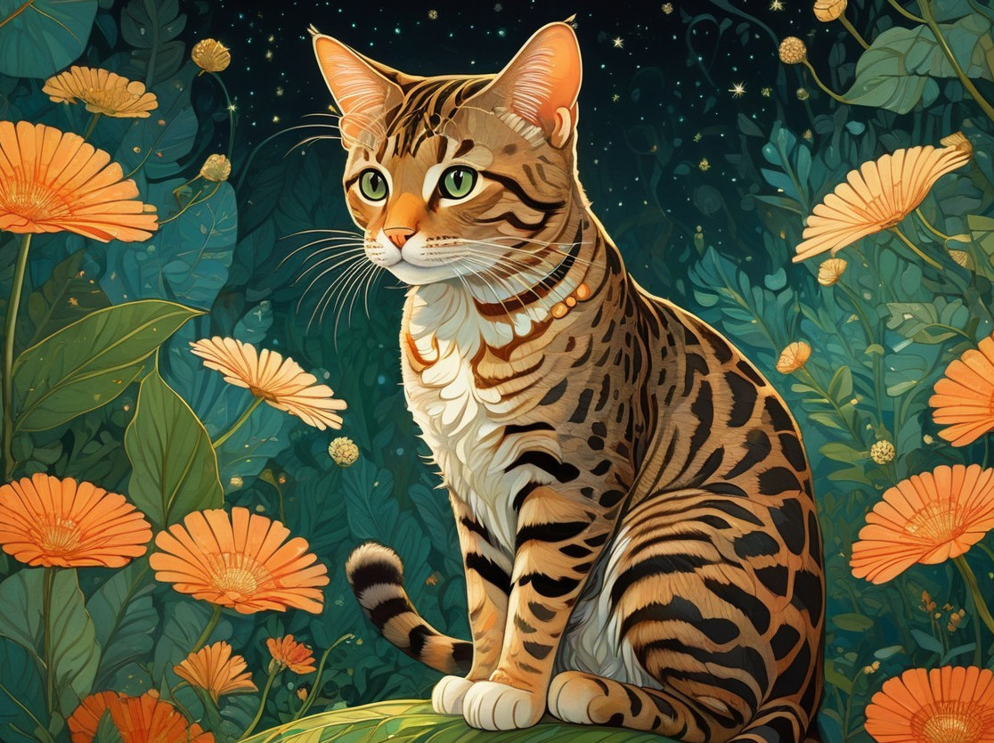 Bengal Cat Surrounded by Lush Greenery and Flowers