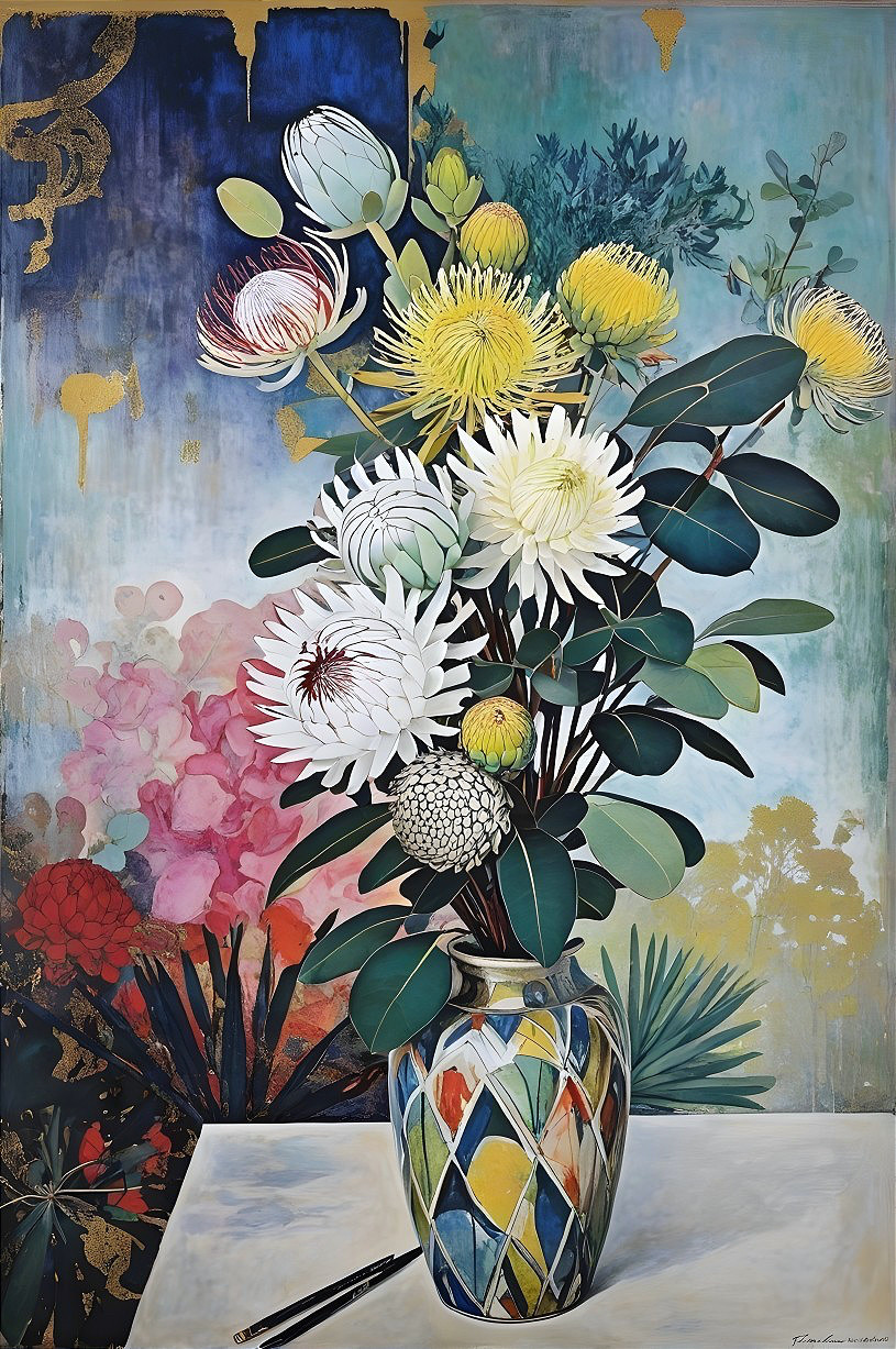 Vibrant Still Life with Colorful Vase and Flowers