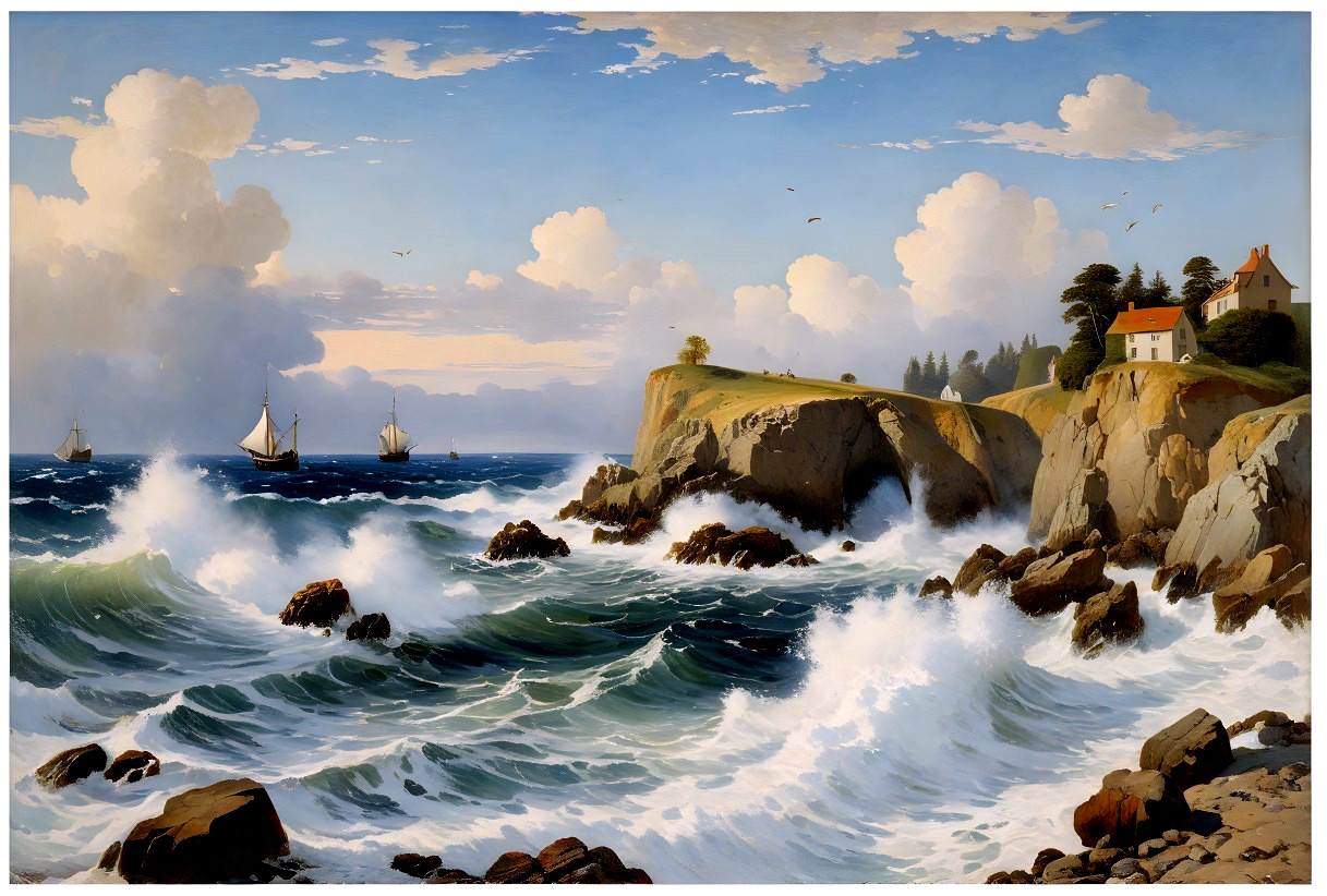 Coastal Scene of Waves, Sailboats, and Cliffs