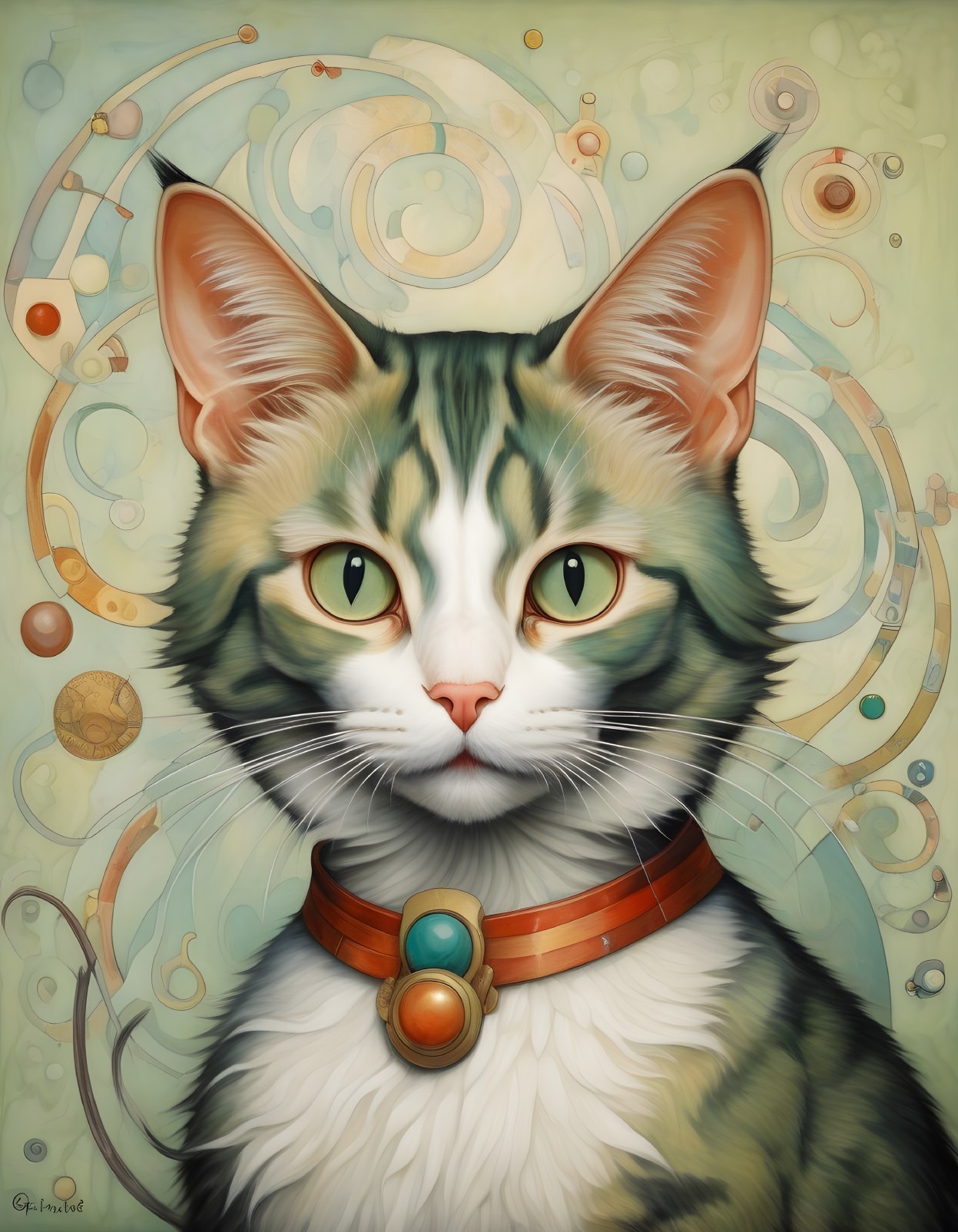 Portrait of a Cat with Green Eyes and Patterned Fur