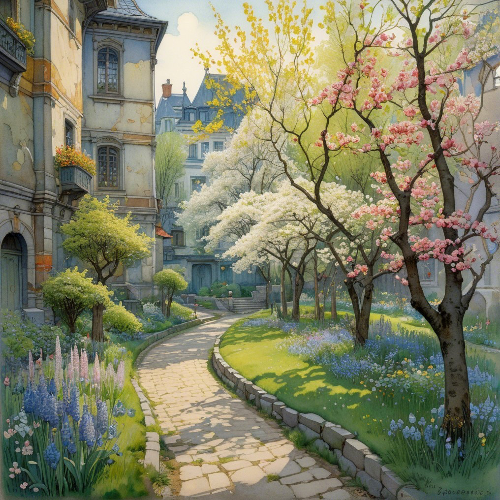 Spring Courtyard with Cherry Trees and Lilacs
