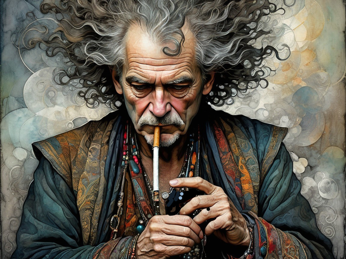 Older man with gray hair in patterned robe and beads