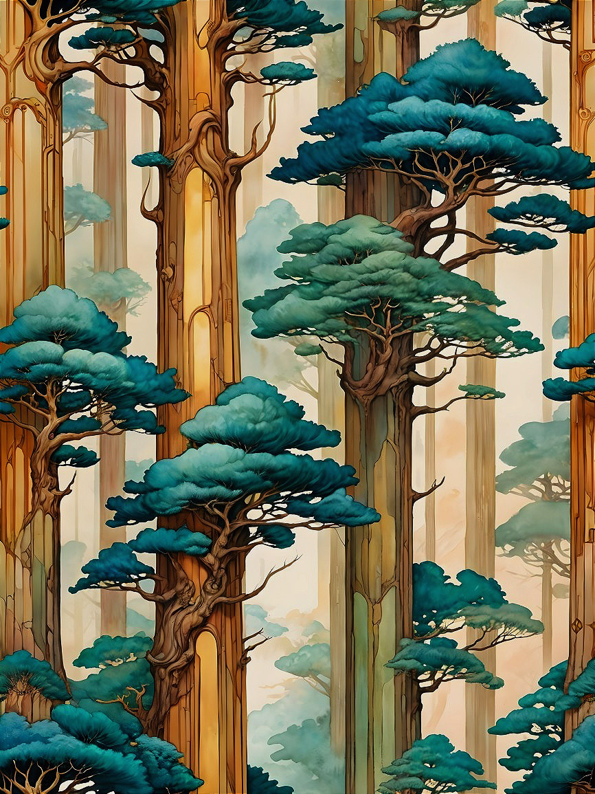 Vibrant Forest Illustration with Textured Trees and Foliage