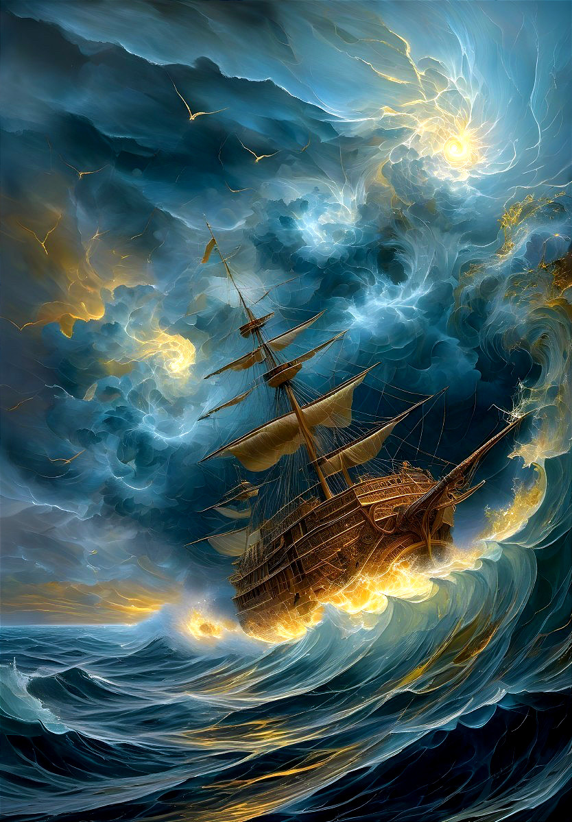 Majestic ship amid stormy ocean and swirling clouds