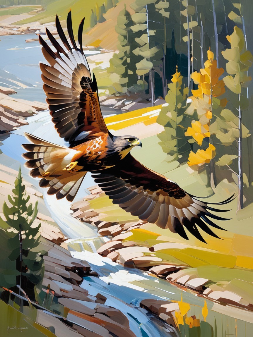 Hawk Soaring Over Vibrant Autumn Landscape Scene