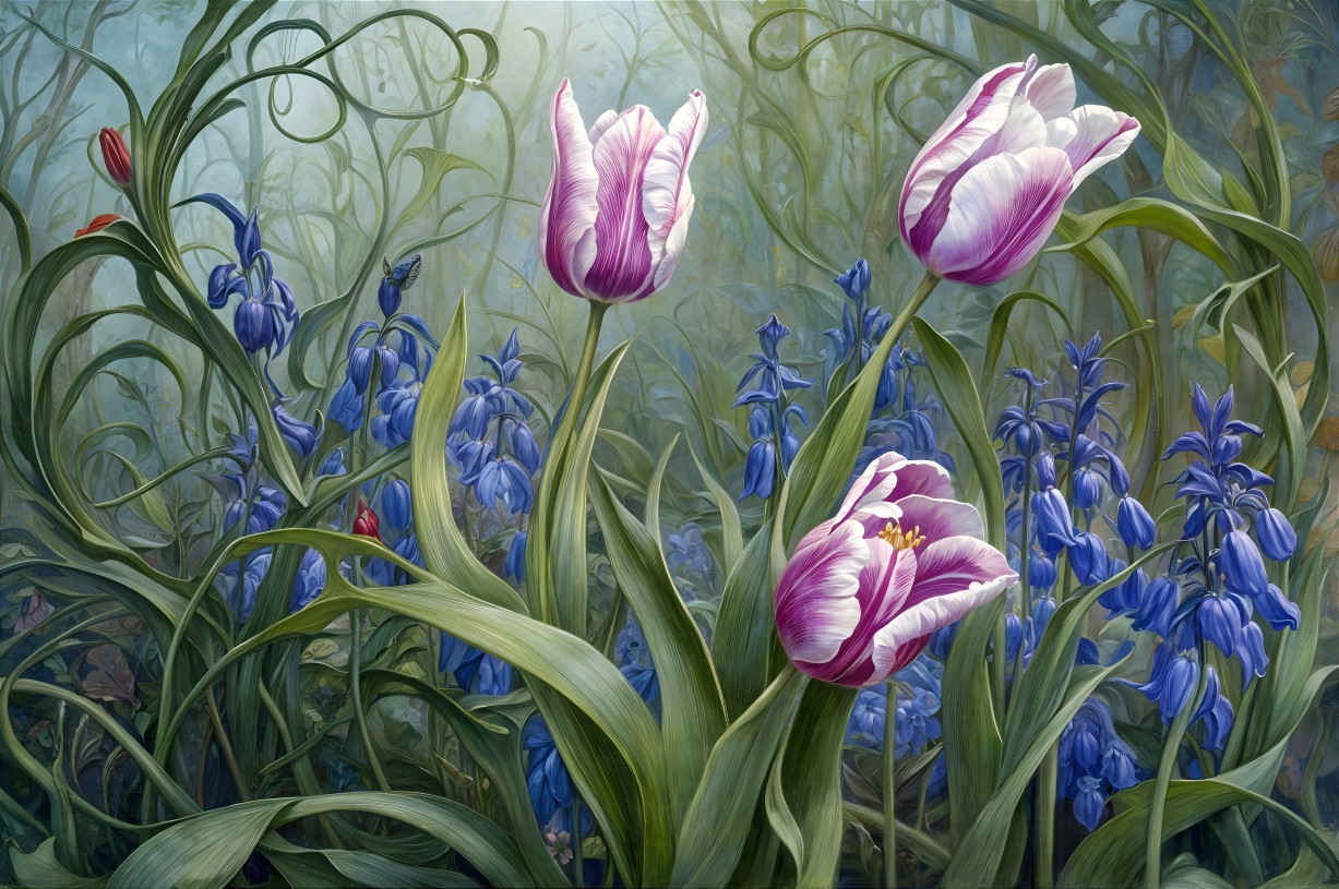 Vibrant Flower Landscape with Tulips and Bluebells