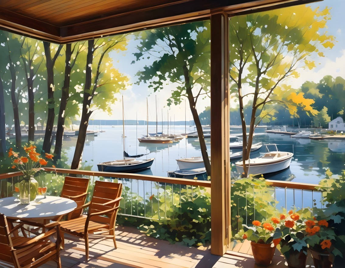 Lakeside Scene with Porch, Trees, and Sailboats