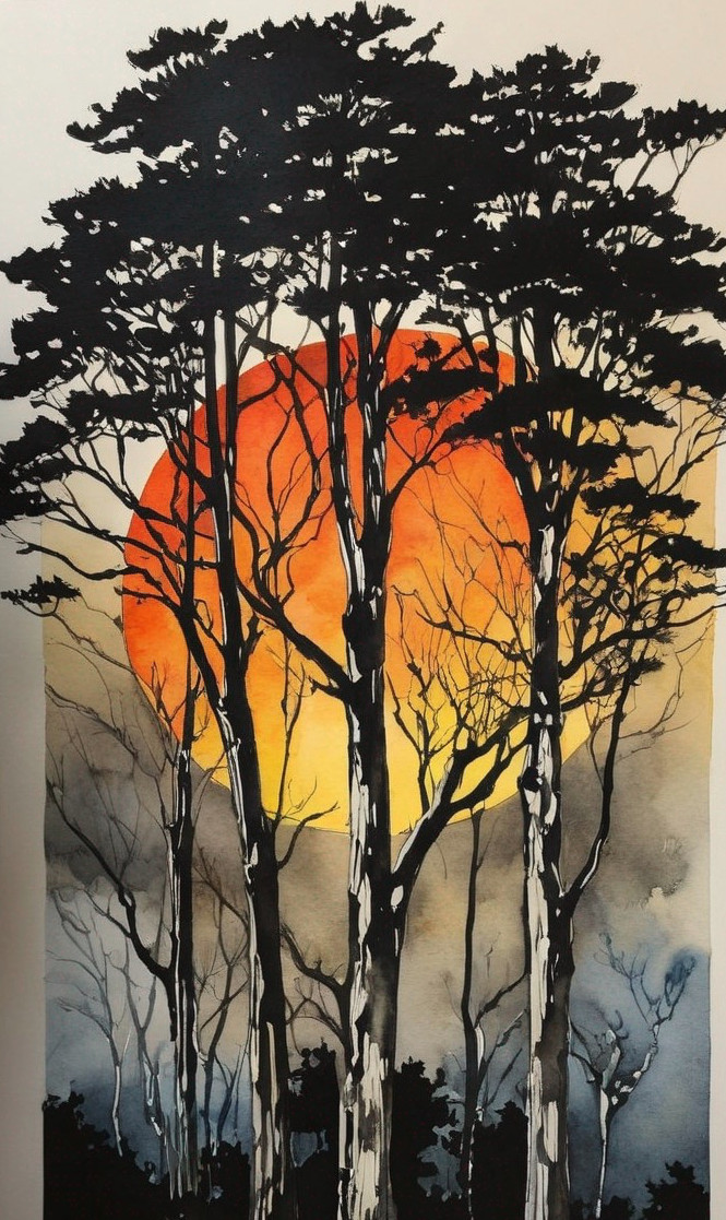 Sunset painting with tall dark trees in warm colors