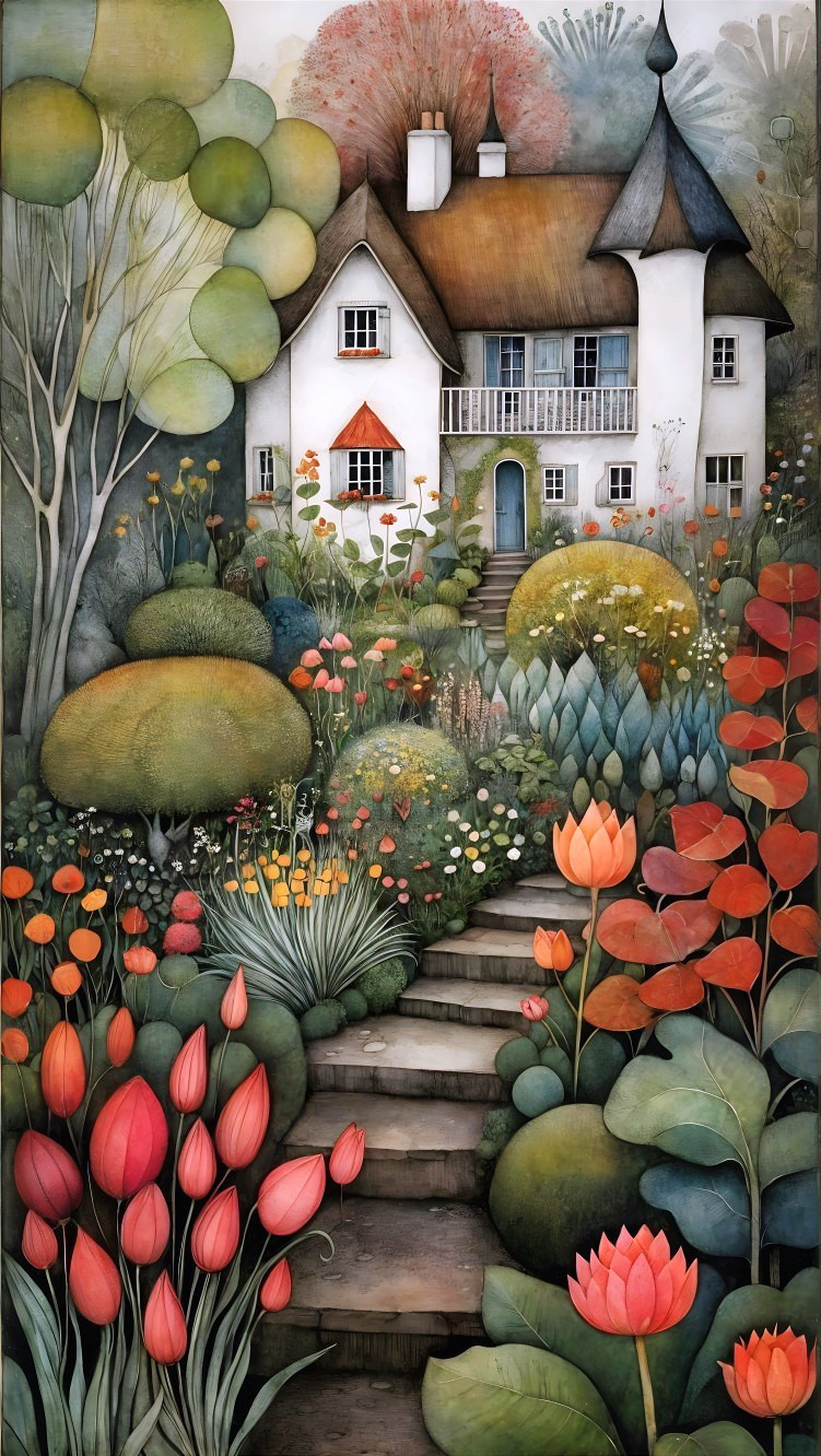 Charming Cottage Surrounded by Vibrant Garden Flowers