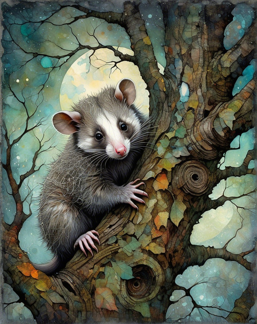 Whimsical Opossum Illustration in Moonlit Setting