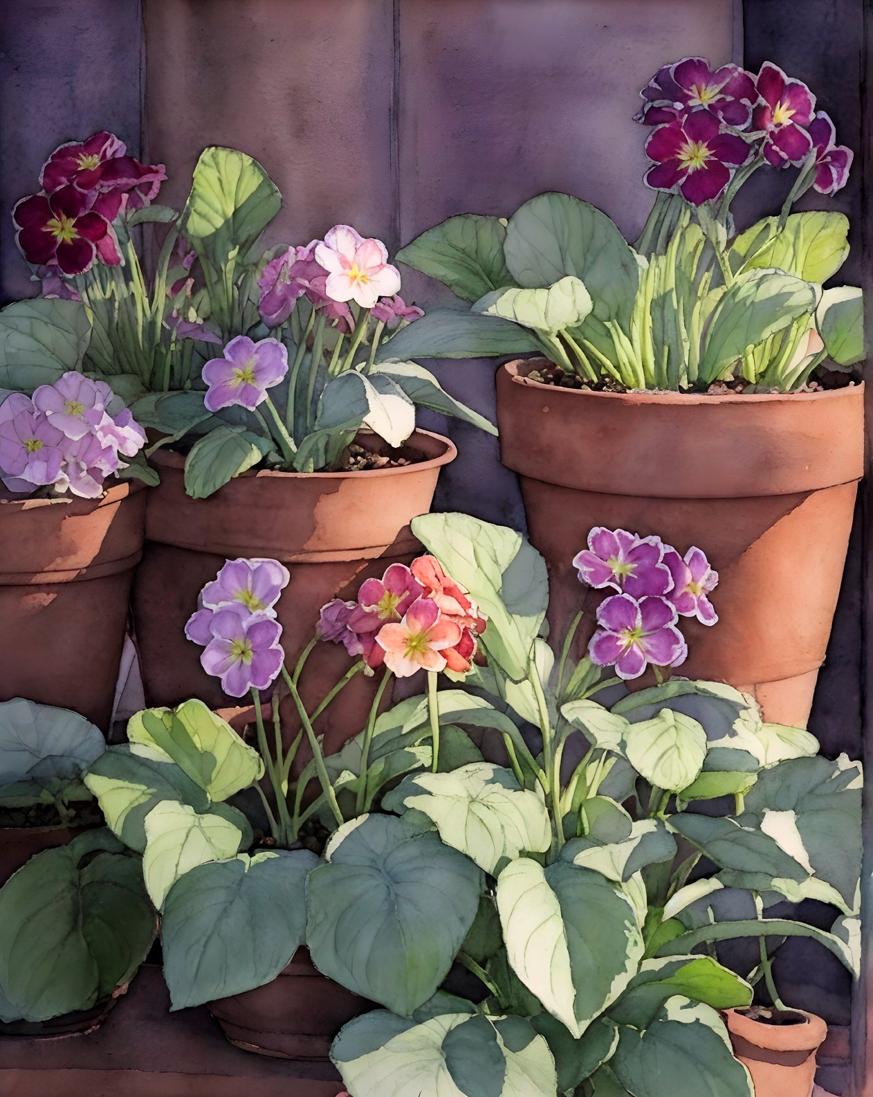 Blooming flowers in clay pots in a sunlit garden
