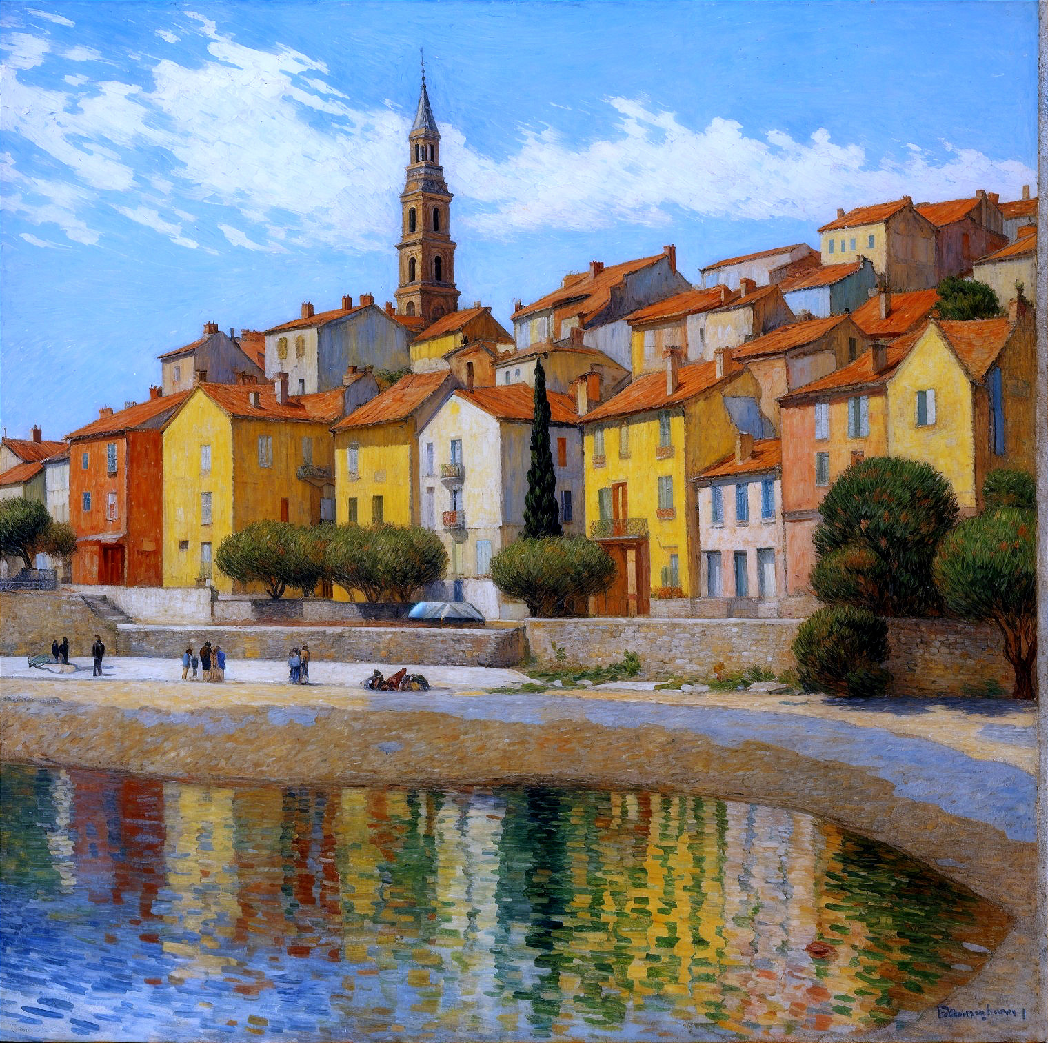 Vibrant Coastal Village with Colorful Buildings and Church