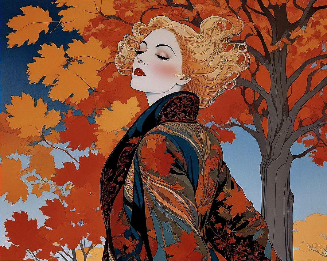 Autumn Scene with Woman in Elegant Cloak and Foliage