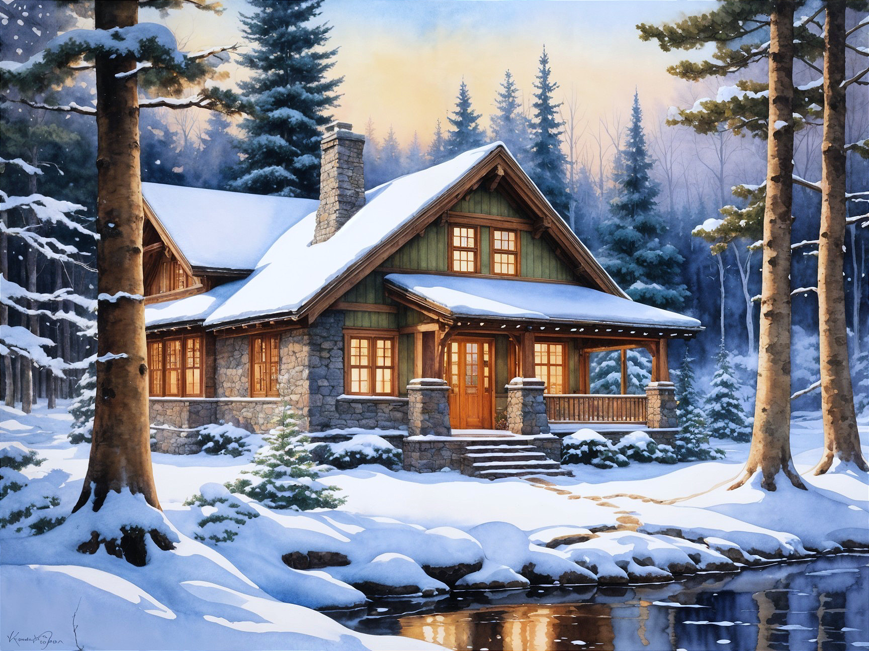 Charming Cabin in a Snowy Evergreen Landscape