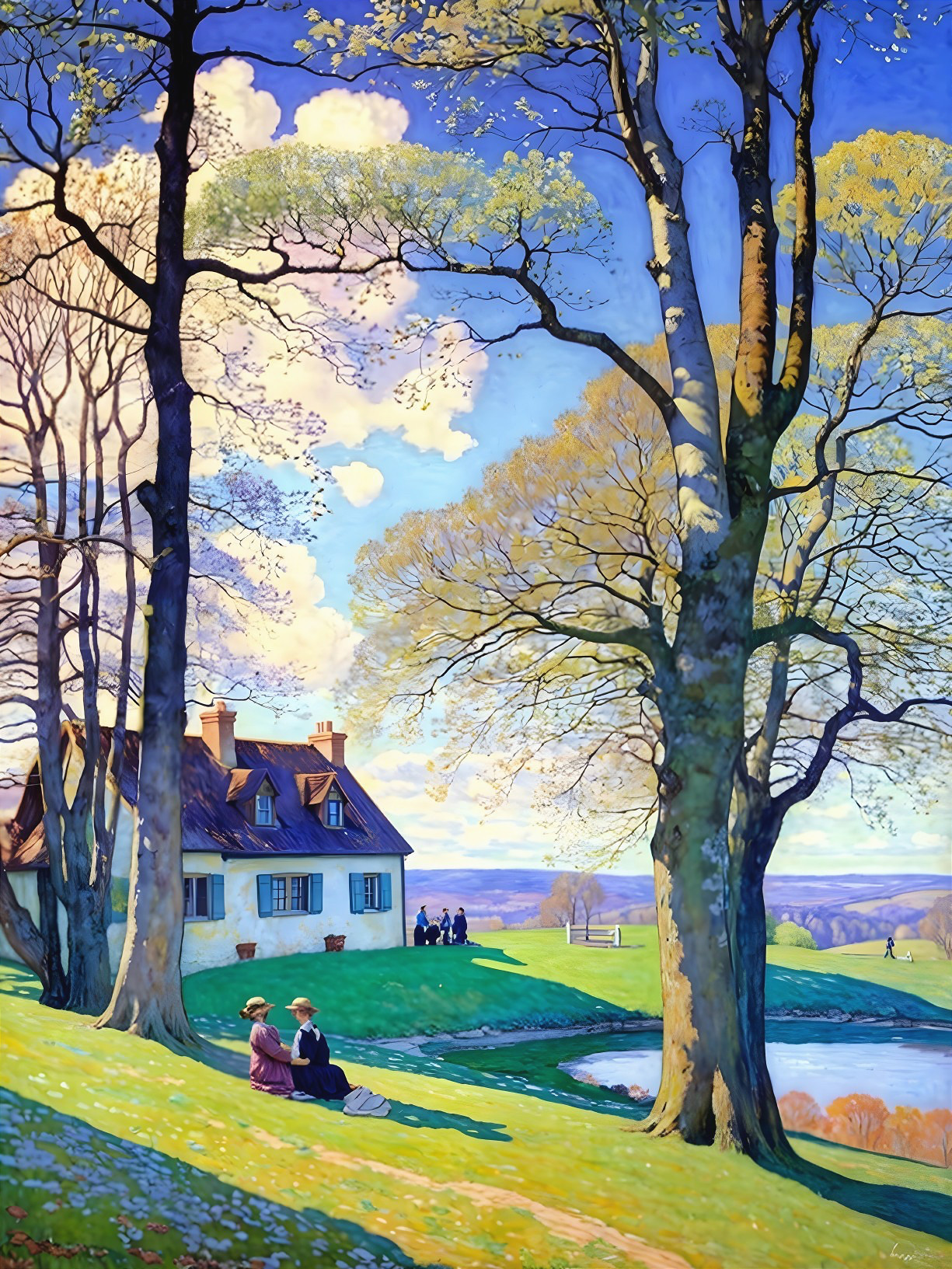 Tranquil Landscape with Women on Grassy Hill