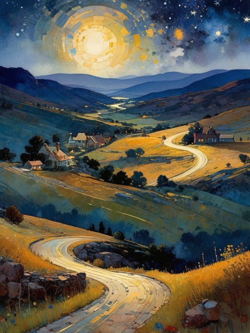 Winding Road in a Serene Starry Valley Landscape