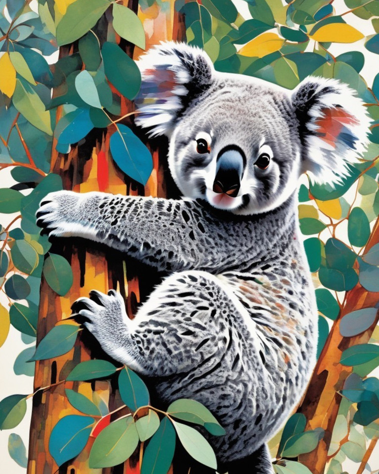 Playful Koala on Textured Tree Amid Green Leaves