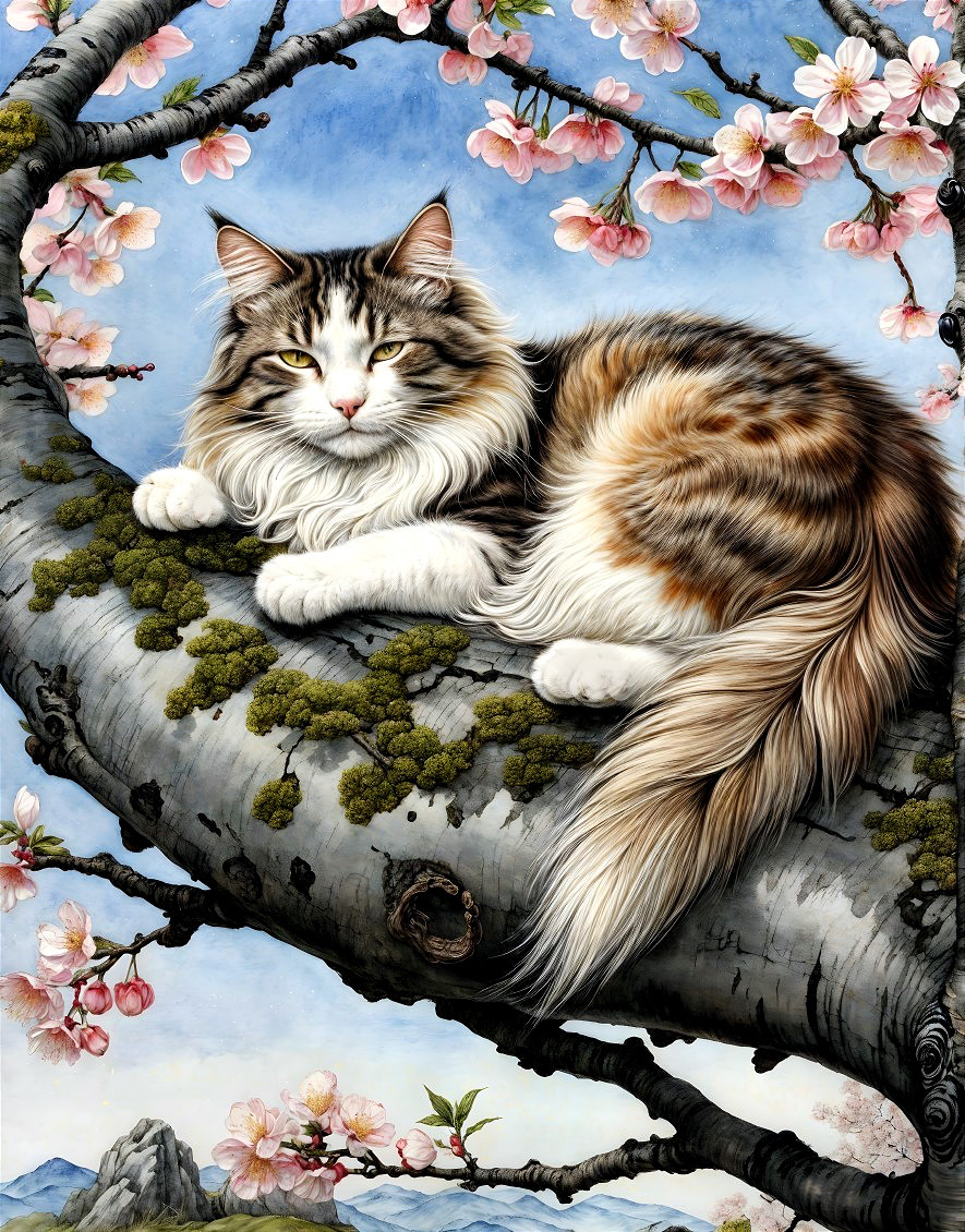 Cat on Moss-Covered Branch with Cherry Blossoms