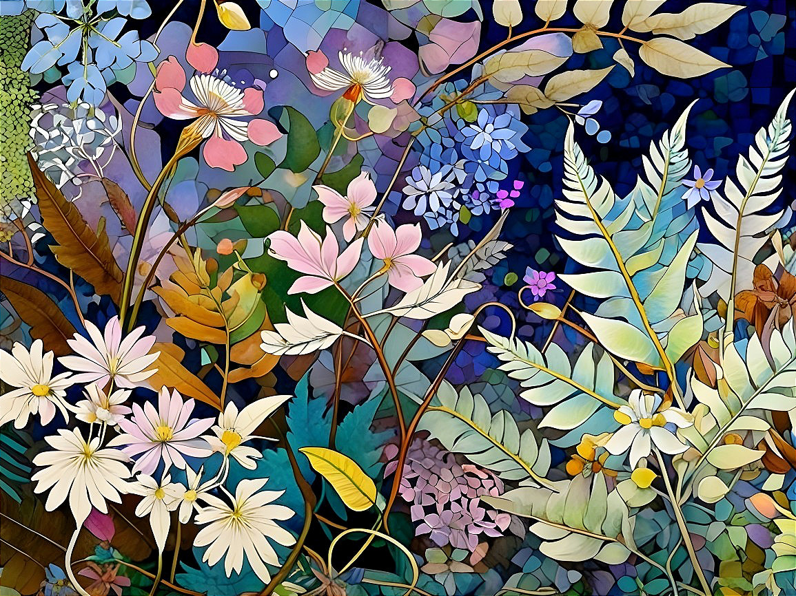 Vibrant Floral Scene with Colorful Blossoms and Leaves