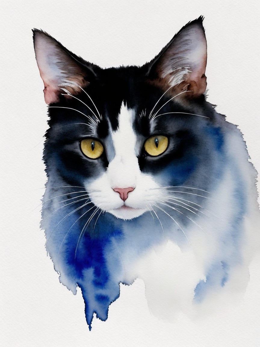 Watercolor Illustration of a Black and White Cat