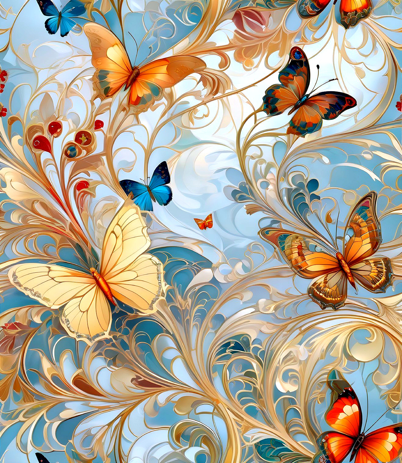 Vibrant Butterflies with Ornamental Patterns and Flowers