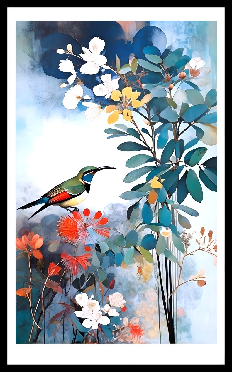 Colorful Bird Surrounded by Lush Foliage and Flowers