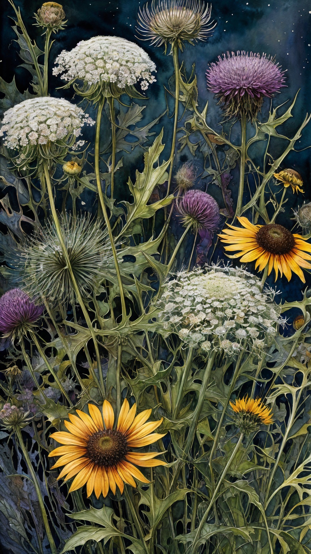 Vibrant Wildflowers Against a Starry Background