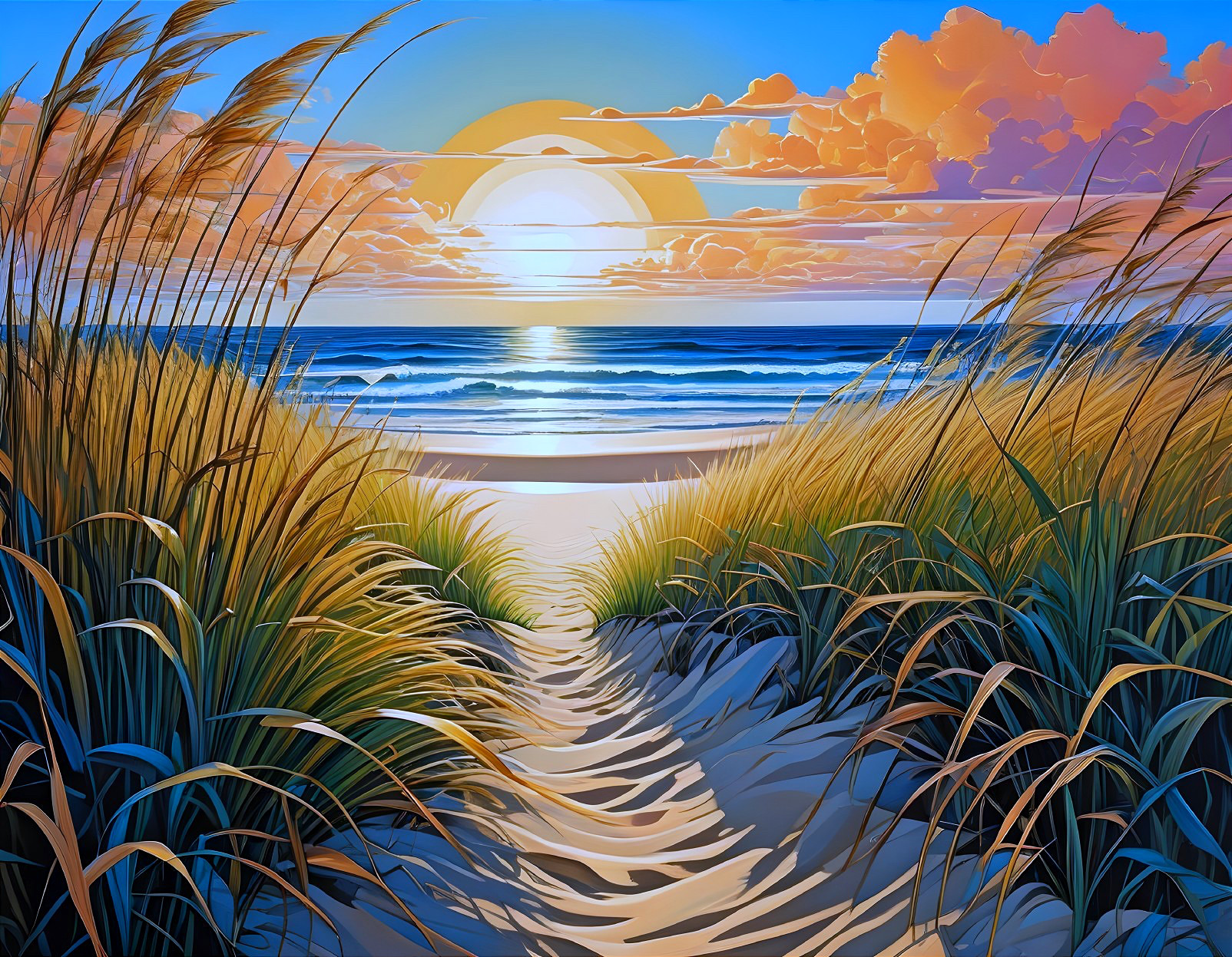 Serene Beach Scene with Winding Path and Sunset Colors