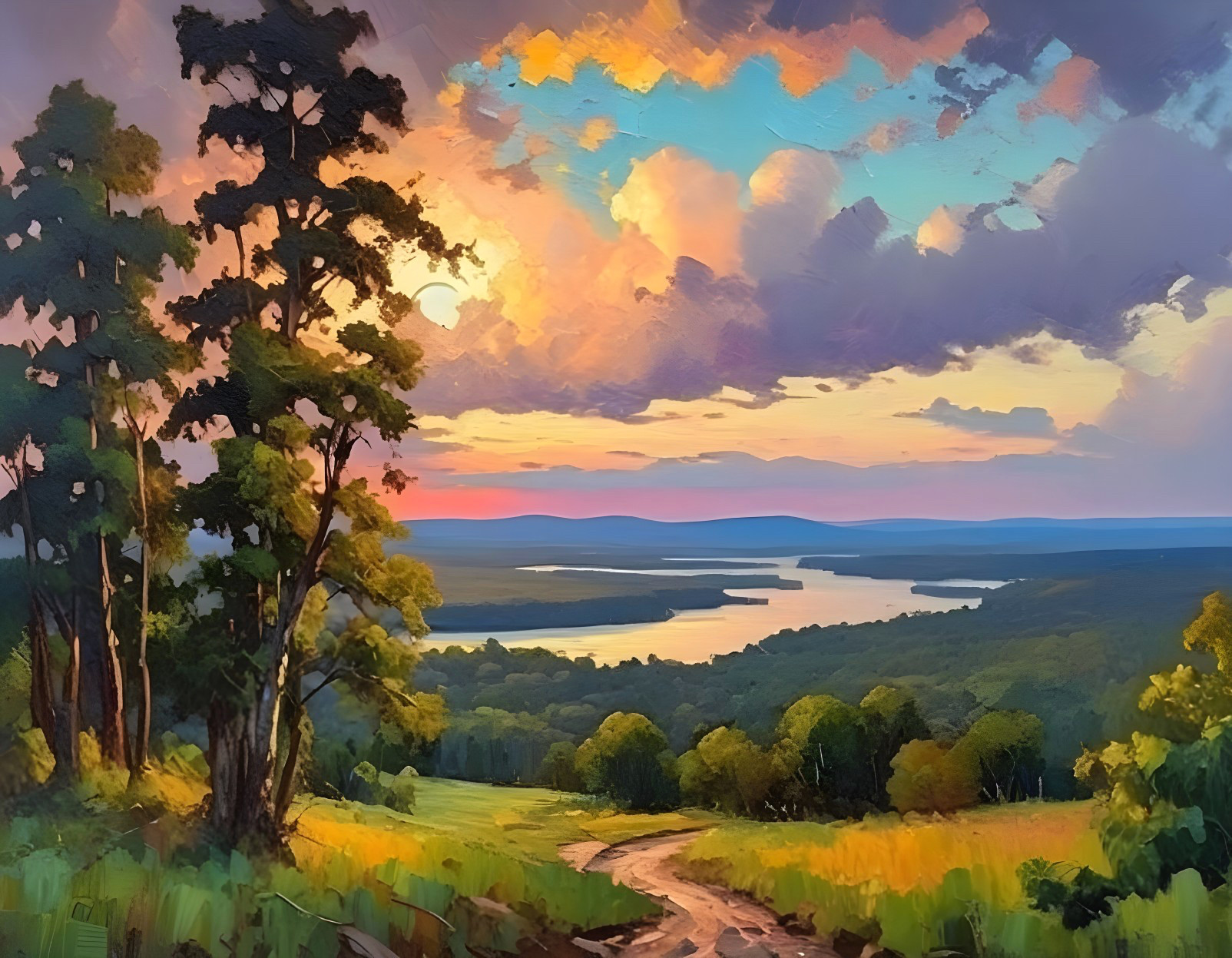 Vibrant Sunset Landscape with Winding Path and River