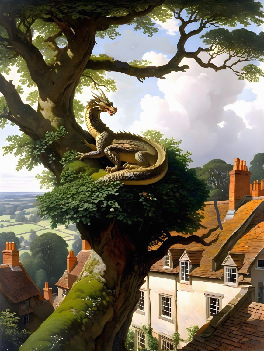 Majestic dragon atop tree with village below
