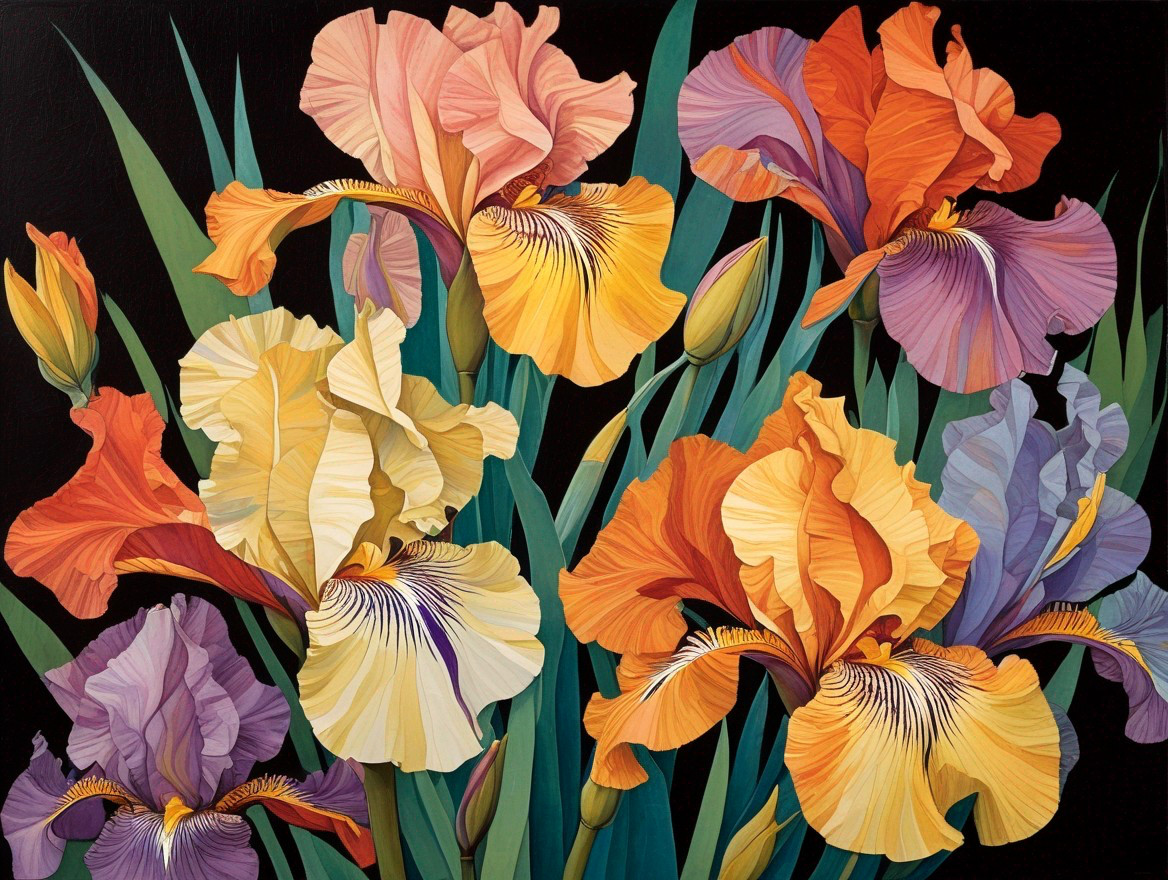 Vibrant Irises in Bloom with Rich Colors and Details