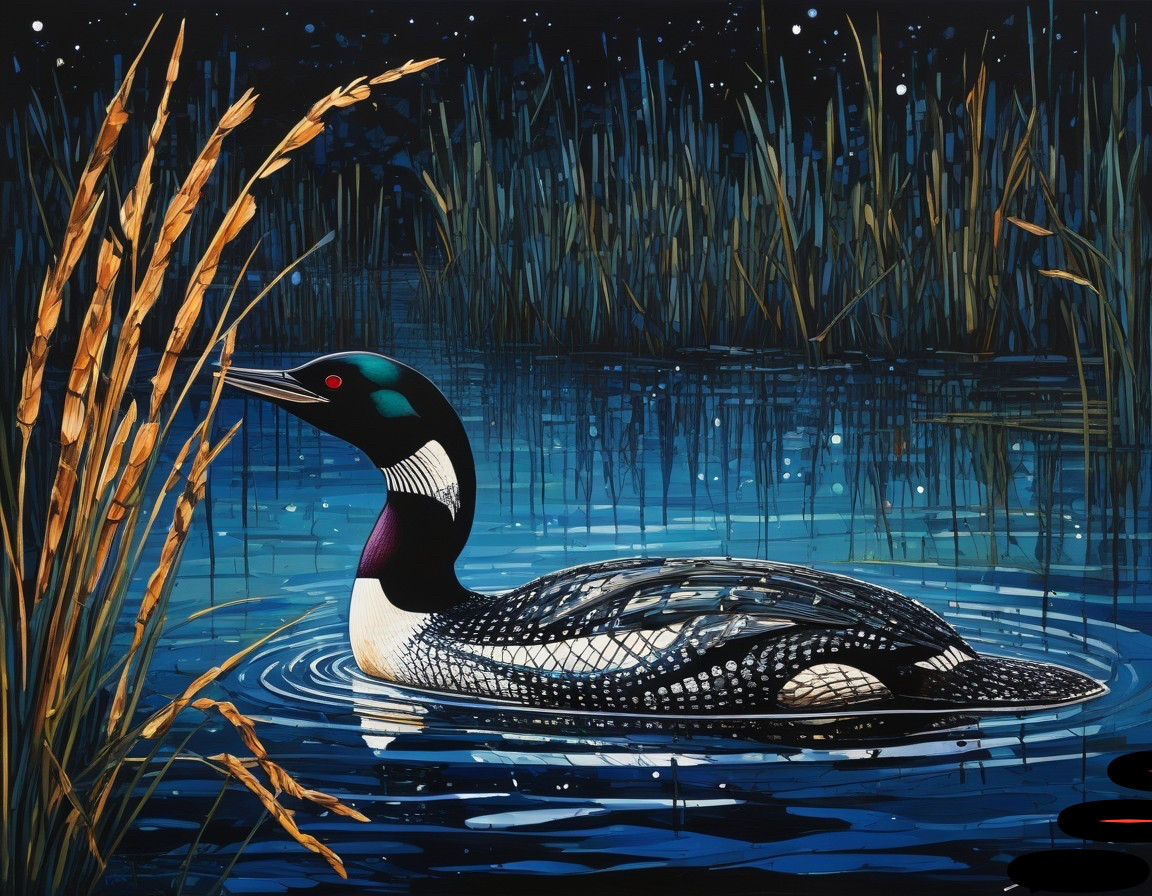 Common Loon on Tranquil Lake Under Starry Sky
