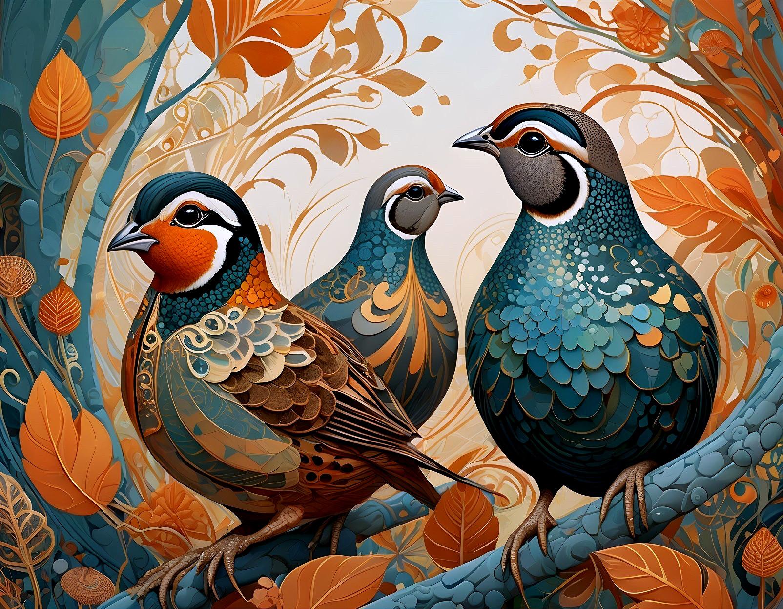 Vibrant Illustration of Stylized Birds on a Branch