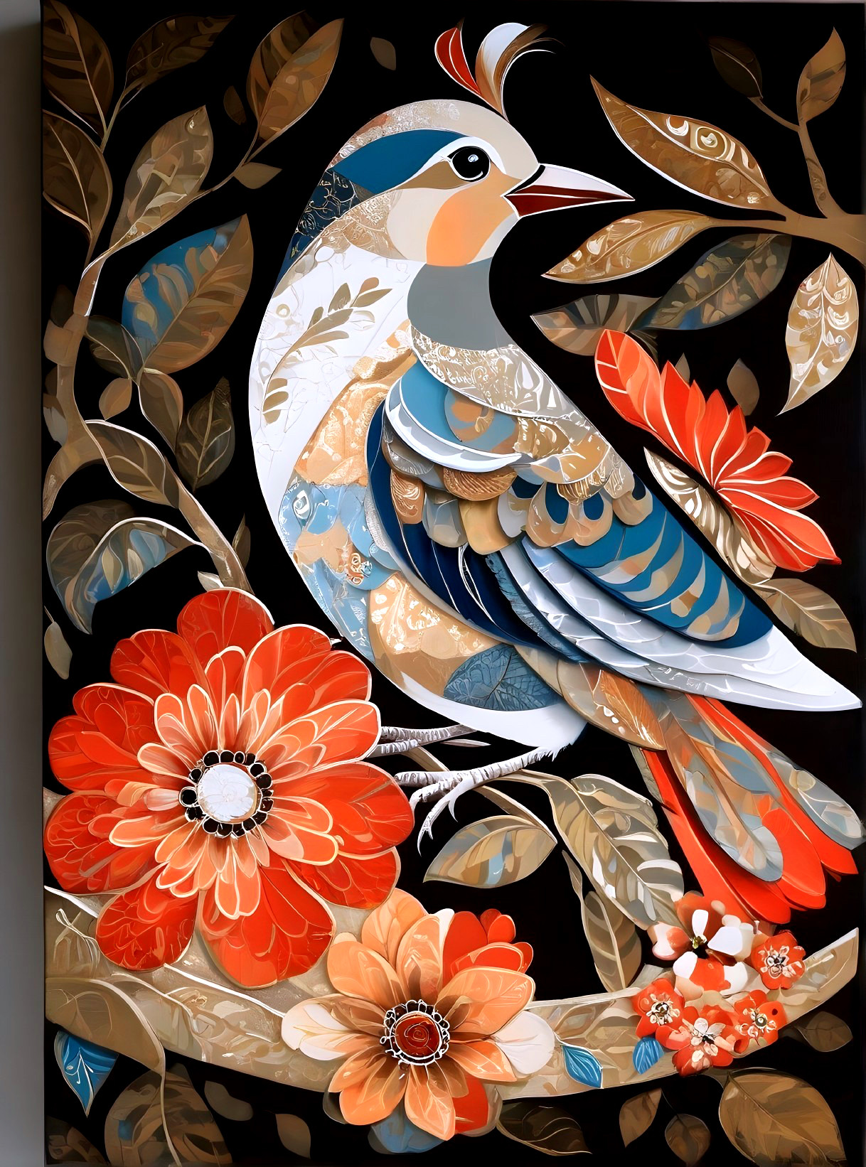 Vibrant Bird Amidst Intricate Floral Designs