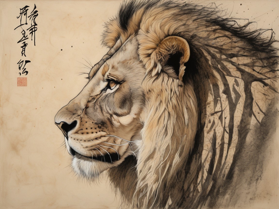 Majestic Lion Profile with Elegant Calligraphy
