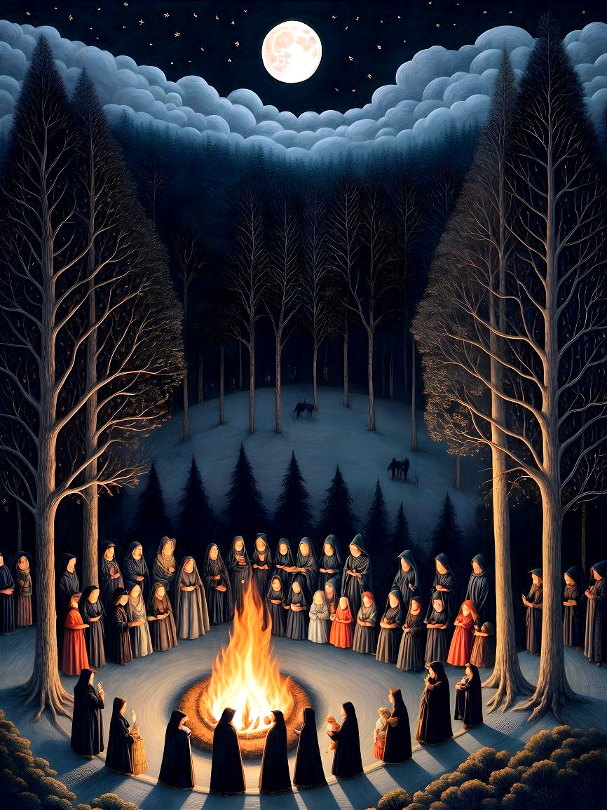 Historical Gathering Around a Moonlit Bonfire