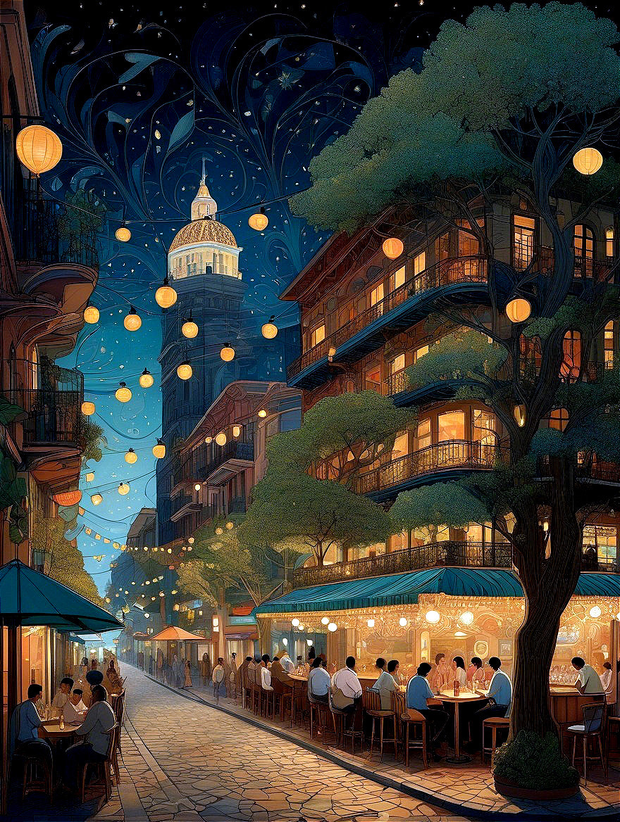 Night Scene of a Vibrant City with Outdoor Dining