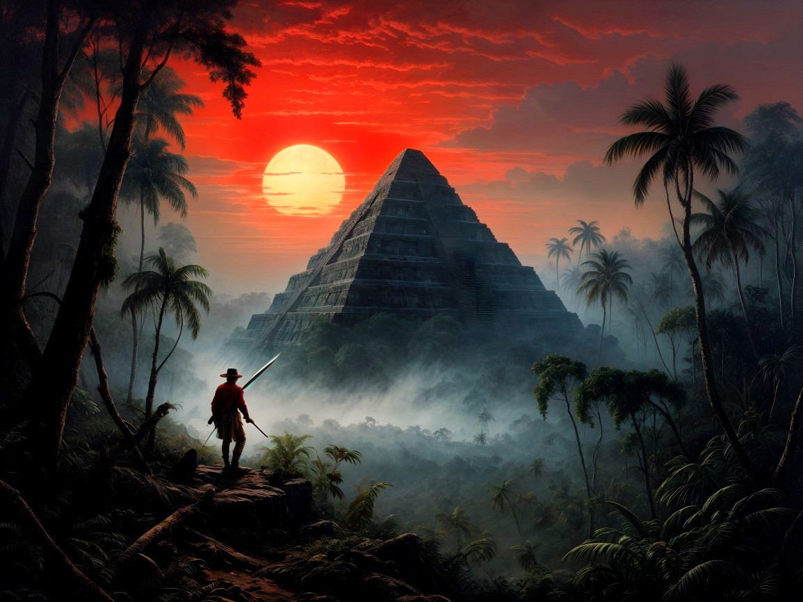 Explorer at Jungle Edge with Pyramid at Sunset