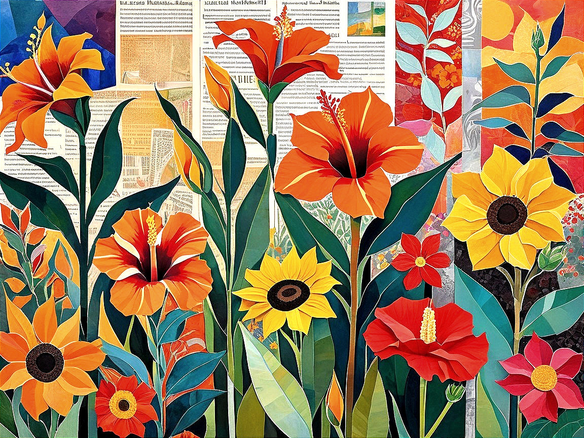 Vibrant Floral Collage with Aged Newspaper Background