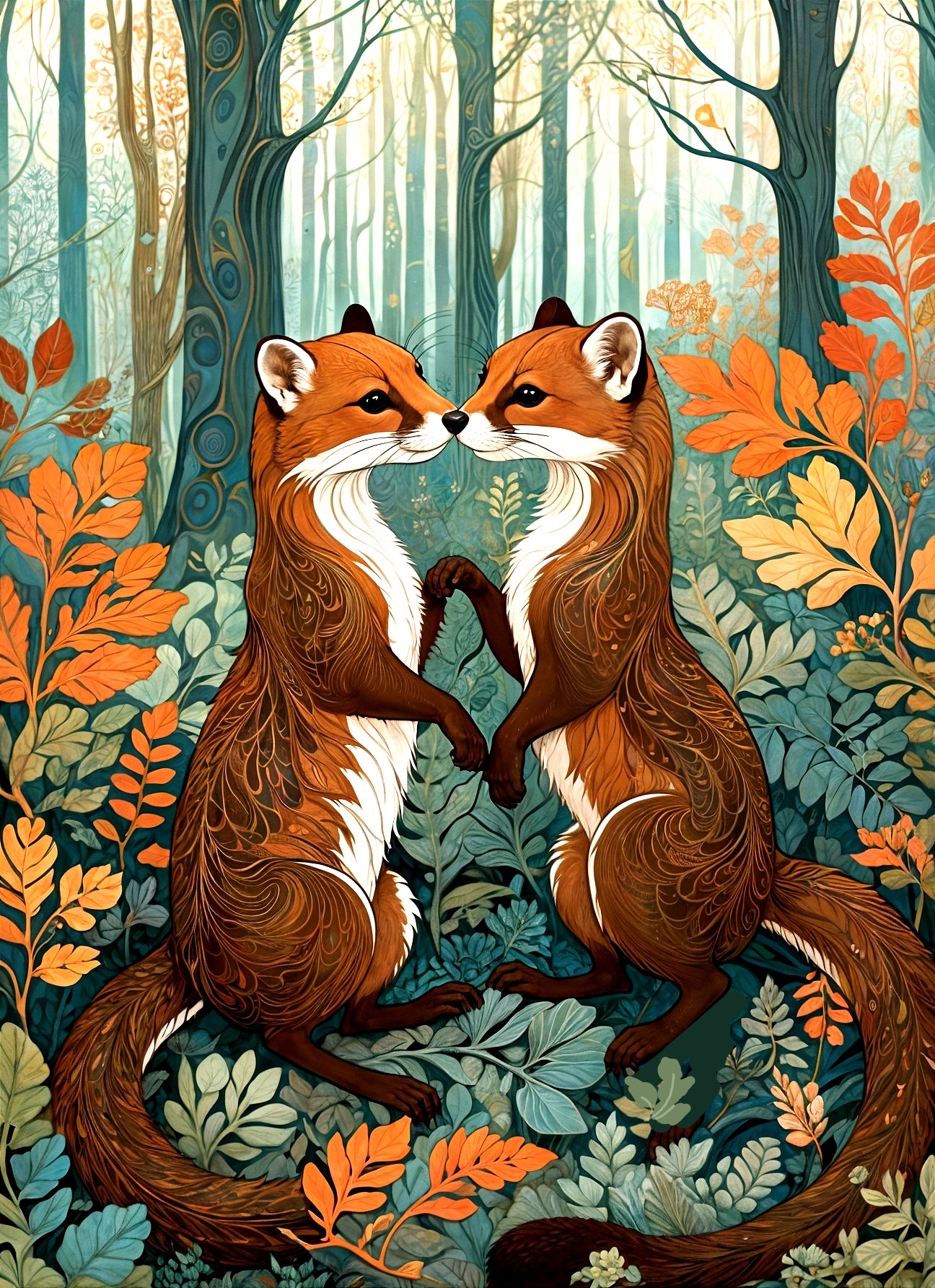 Stylized foxes in a vibrant autumn forest scene